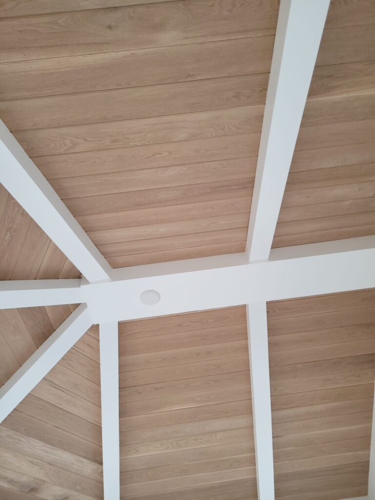 tongue and groove ceiling with faux beams