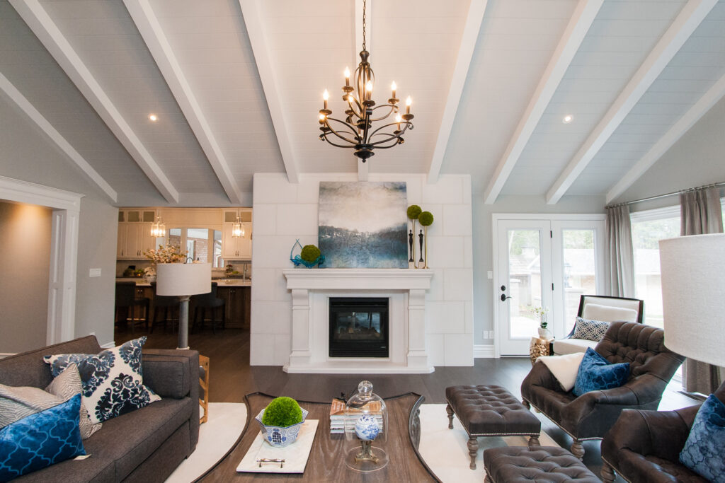 faux beams accenting fireplace mantel